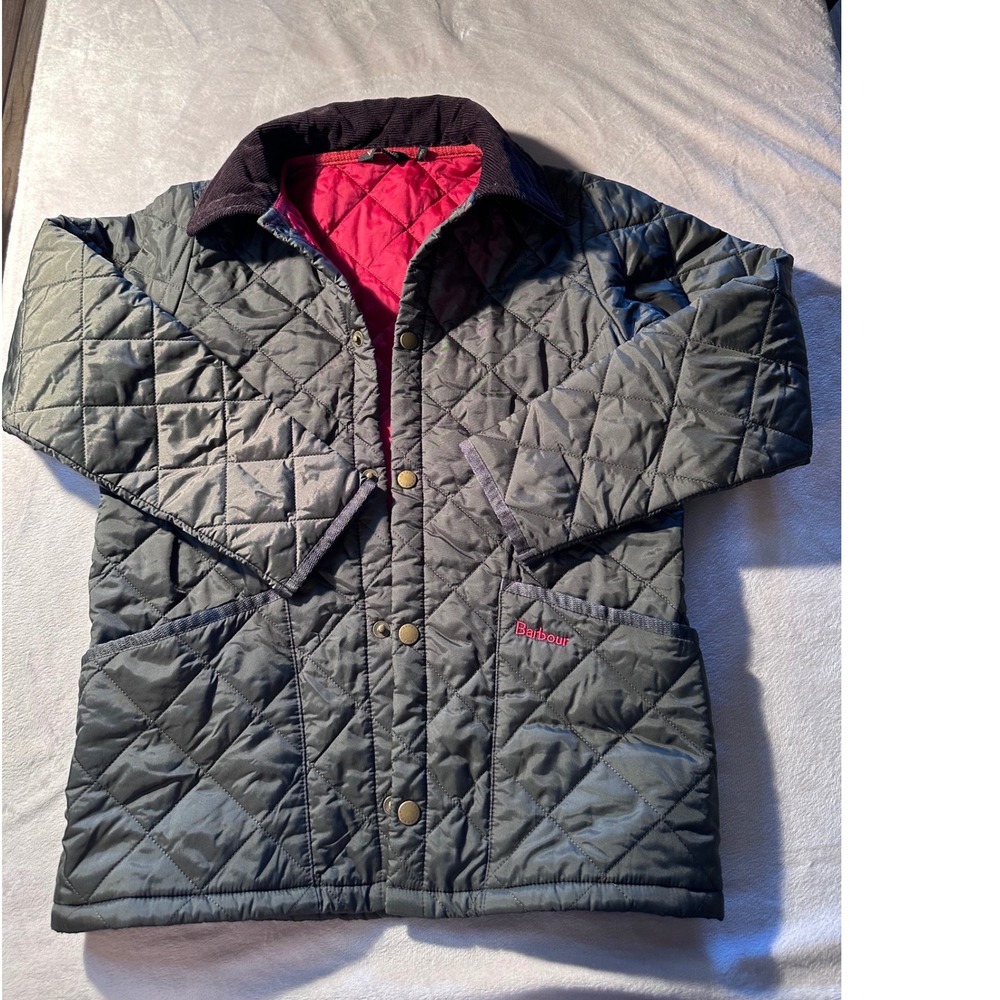 Barbour Kids Liddesdale Quilted Jacket Olive Green Red Lining Size M 8/9